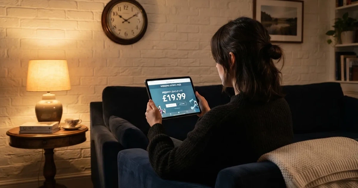 A person on a sofa looking thoughtfully at a tablet, a wall clock in the background