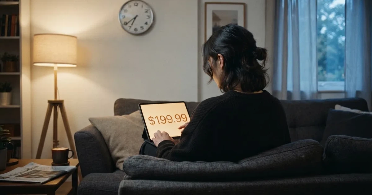 A person on a sofa looking thoughtfully at a tablet, a wall clock in the background