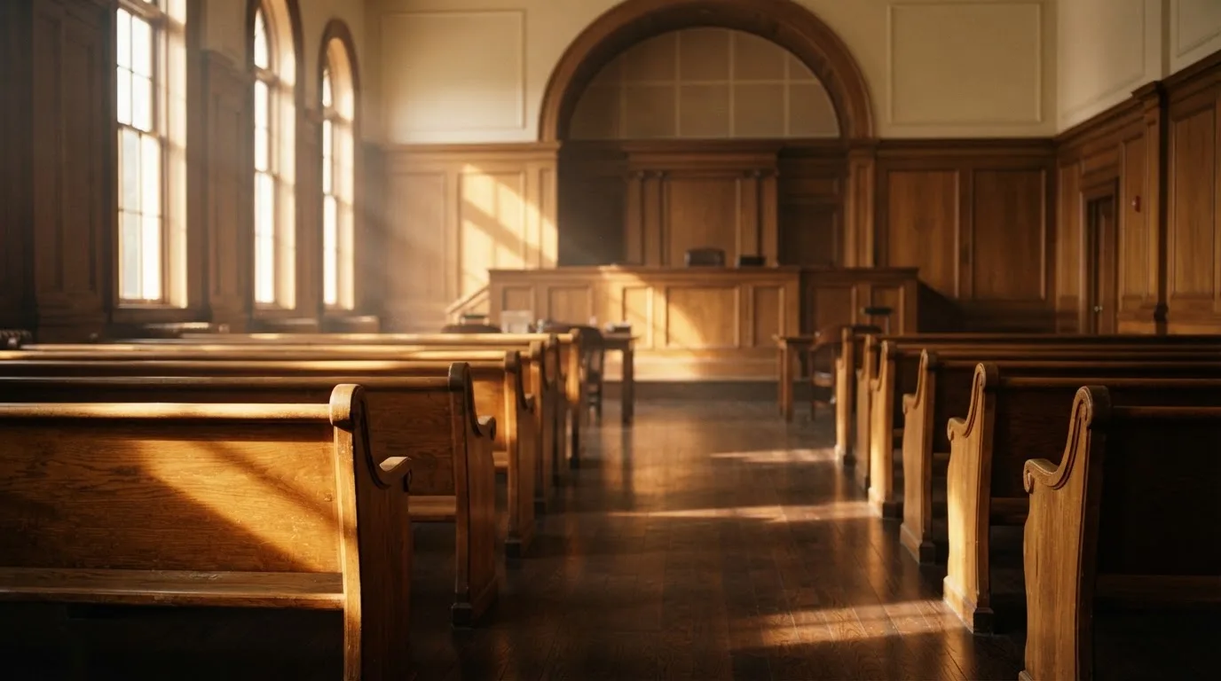 An empty courtroom with wooden benches in morning light