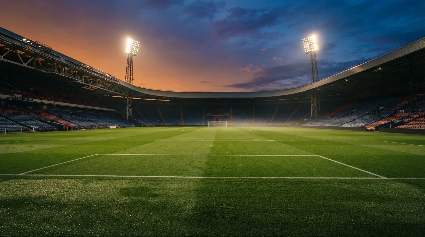 An empty football stadium with floodlight masts at dusk