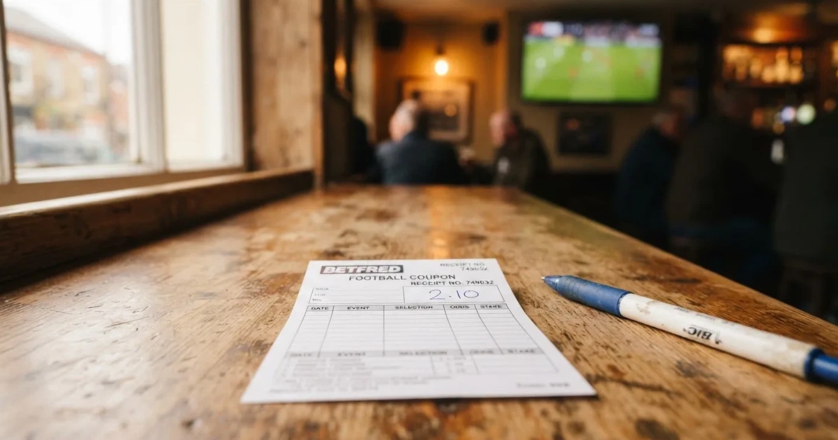 A blank paper betting slip beside a pen on a wooden counter