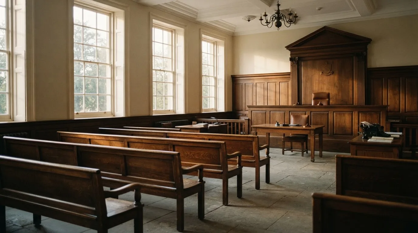 An empty courtroom with wooden benches in morning light