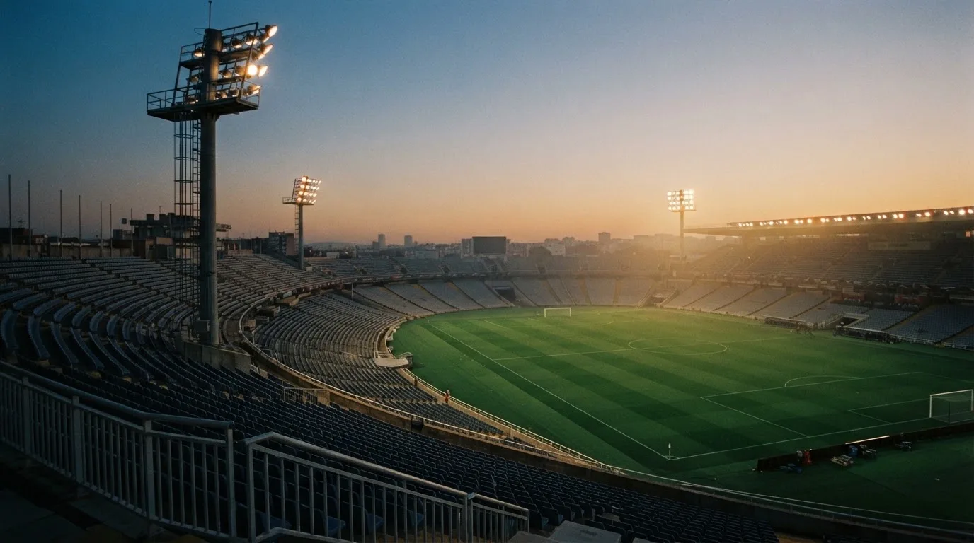 An empty football stadium with floodlight masts at dusk