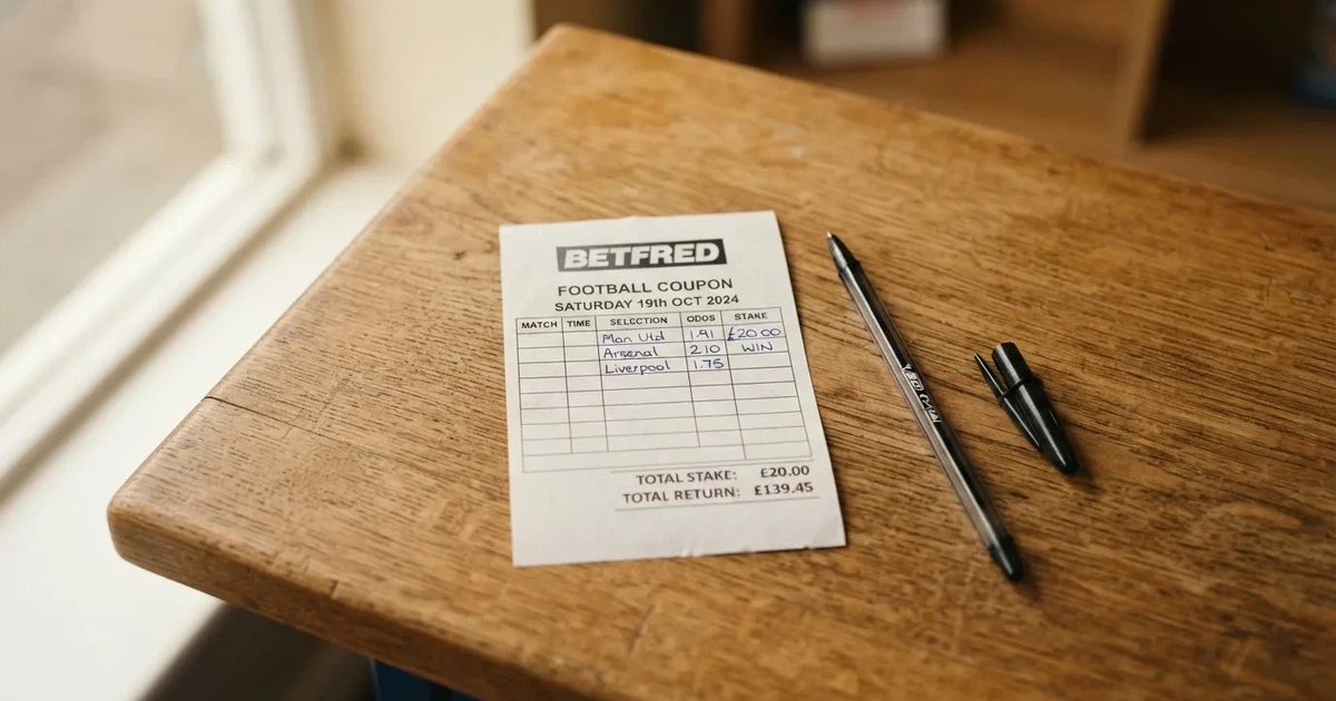 A blank paper betting slip beside a pen on a wooden counter