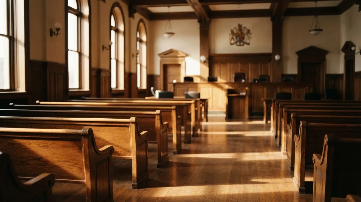 An empty courtroom with wooden benches in morning light
