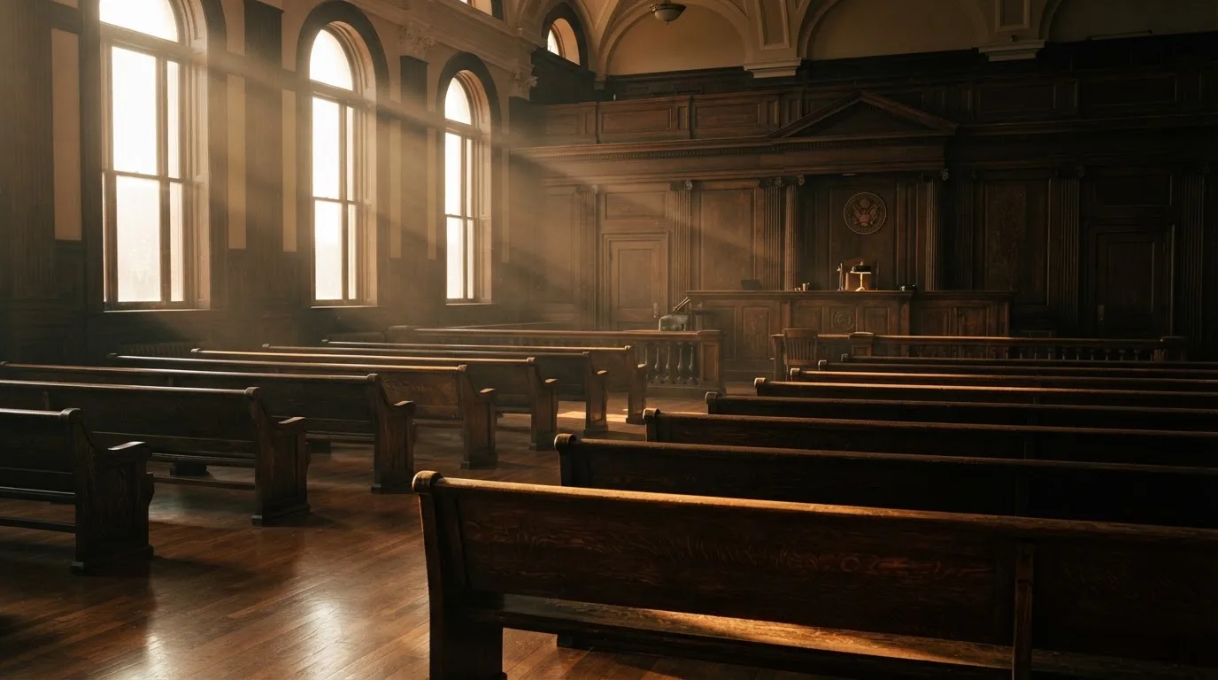 An empty courtroom with wooden benches in morning light