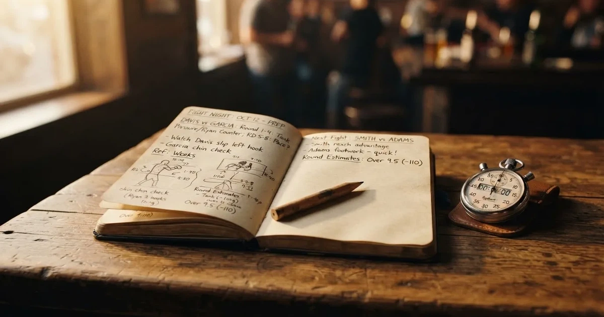 An open notebook with a pencil and a stopwatch on a wooden table