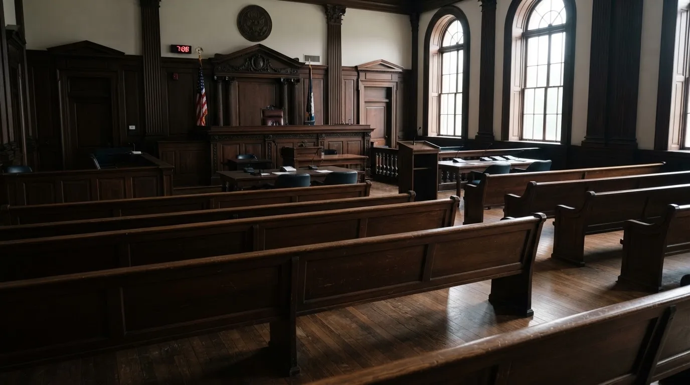 An empty courtroom with wooden benches in morning light