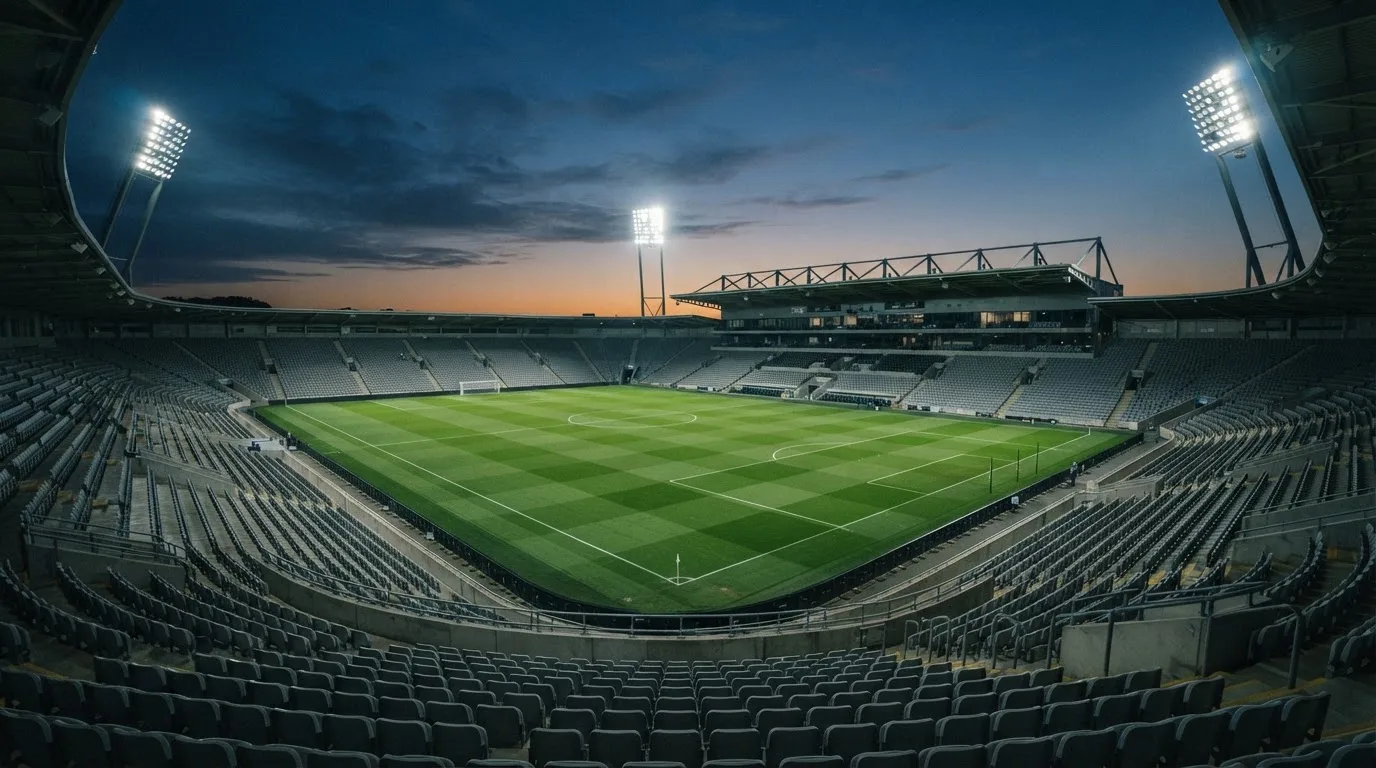 An empty football stadium with floodlight masts at dusk