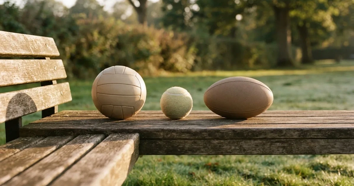 Three balls of different kinds side by side on a wooden bench