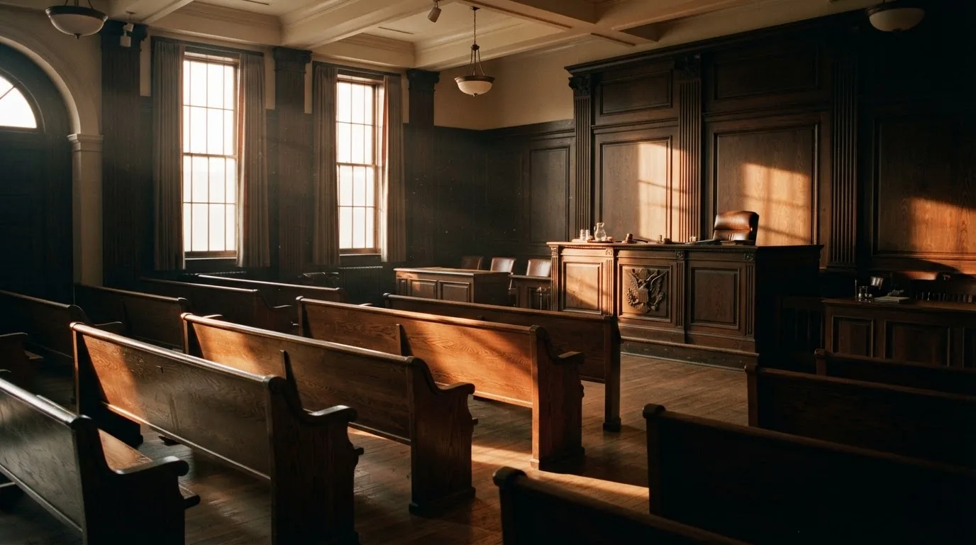 An empty courtroom with wooden benches in morning light