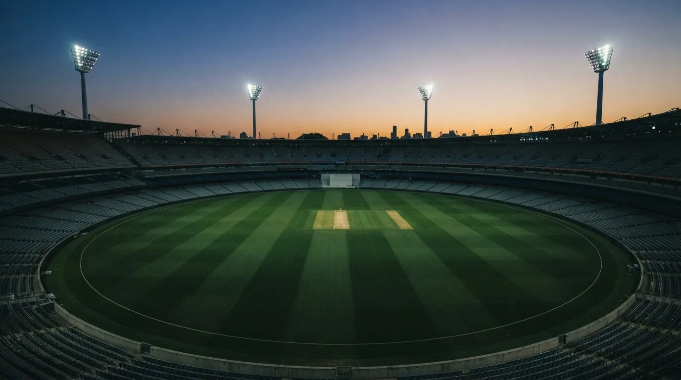 An empty football stadium with floodlight masts at dusk