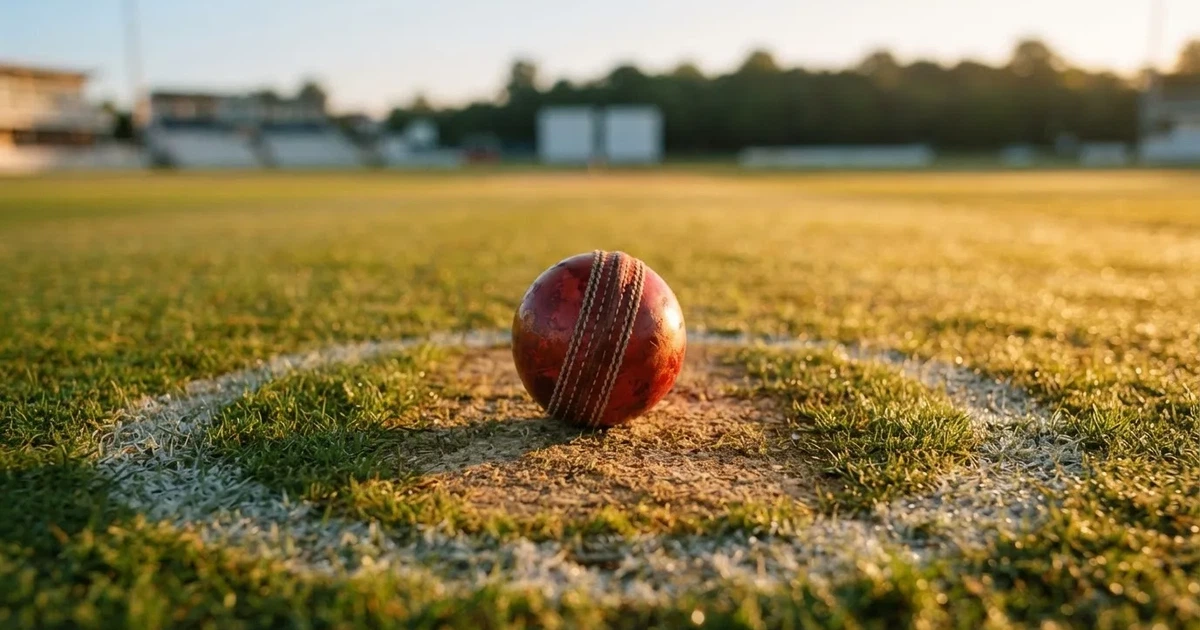 A ball on the centre spot of a grass pitch in morning light