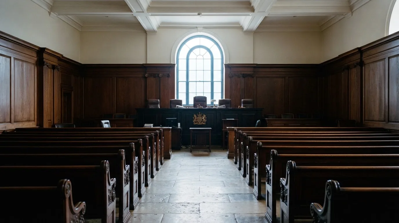 An empty courtroom with wooden benches in morning light