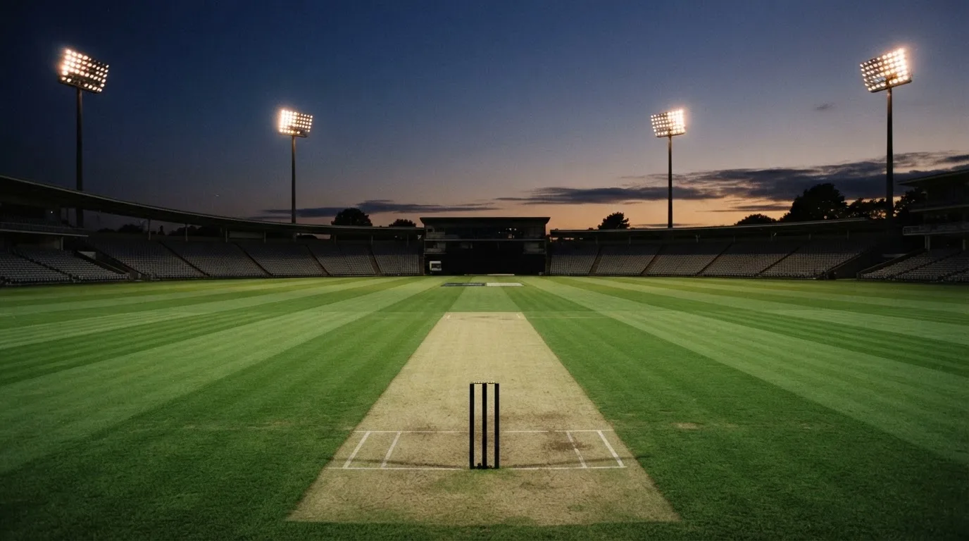 An empty football stadium with floodlight masts at dusk