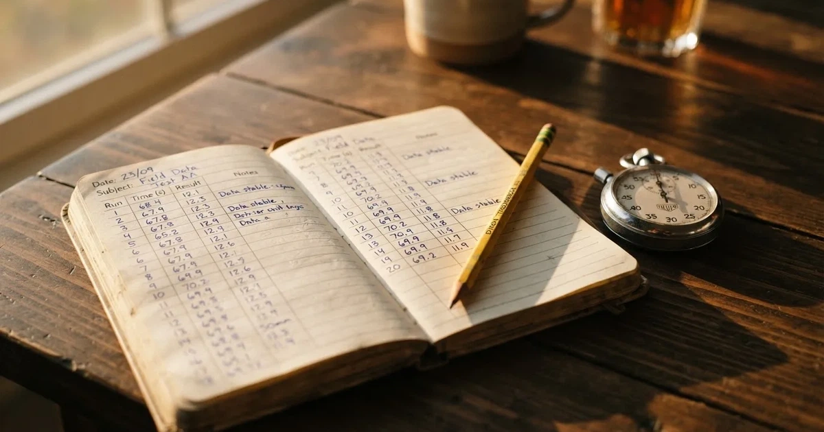 An open notebook with a pencil and a stopwatch on a wooden table