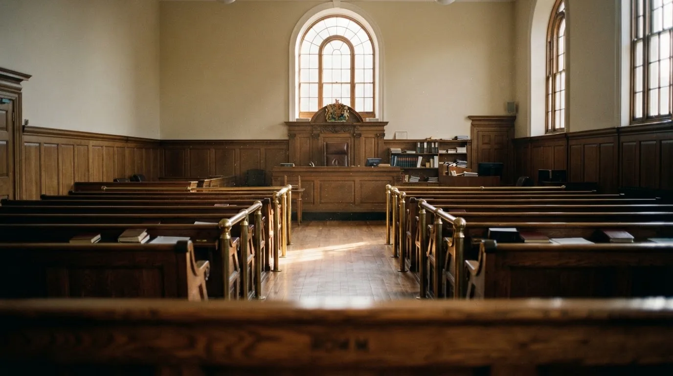An empty courtroom with wooden benches in morning light