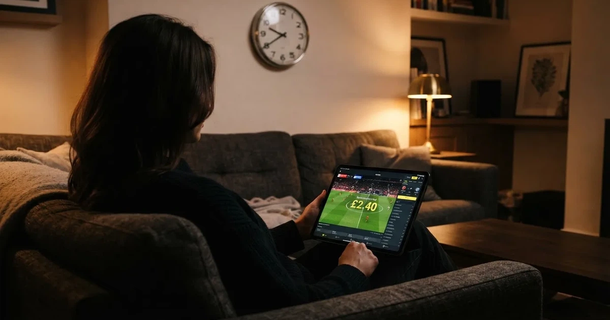 A person on a sofa looking thoughtfully at a tablet, a wall clock in the background