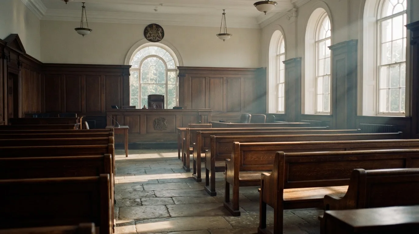 An empty courtroom with wooden benches in morning light