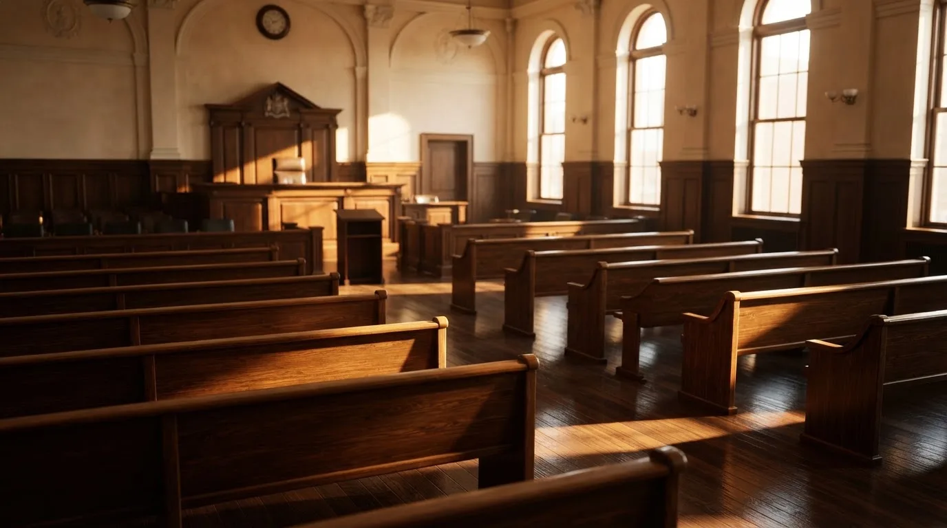 An empty courtroom with wooden benches in morning light