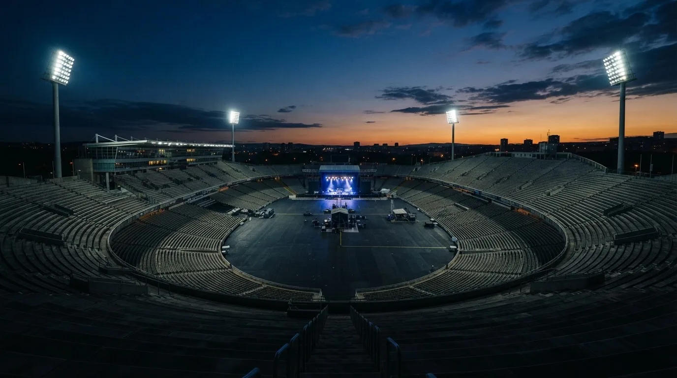 An empty football stadium with floodlight masts at dusk