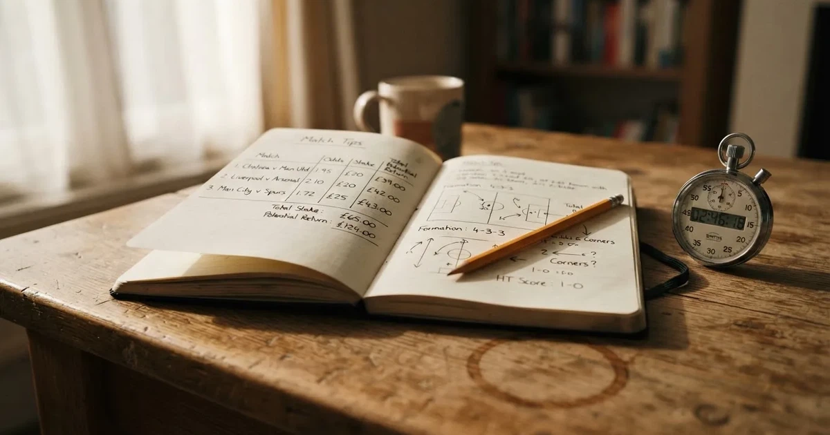 An open notebook with a pencil and a stopwatch on a wooden table