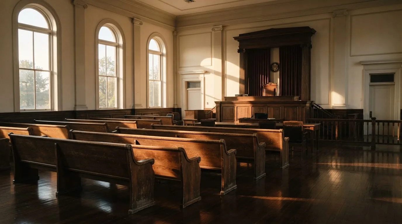 An empty courtroom with wooden benches in morning light