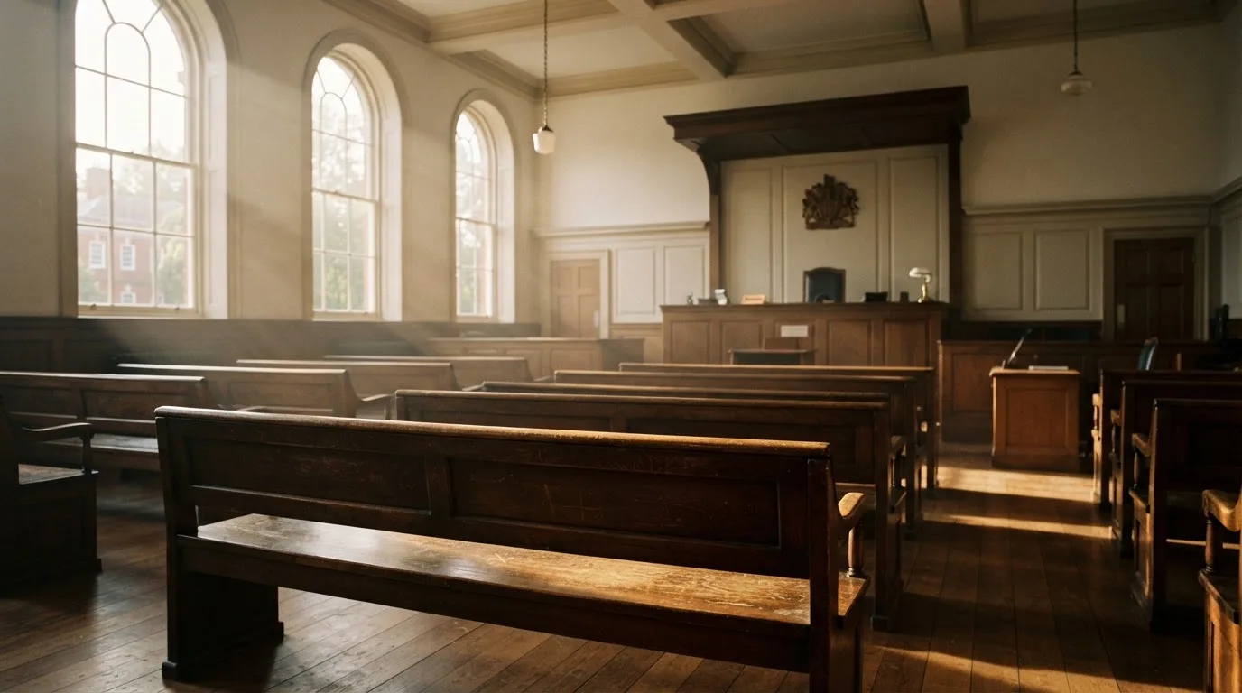 An empty courtroom with wooden benches in morning light