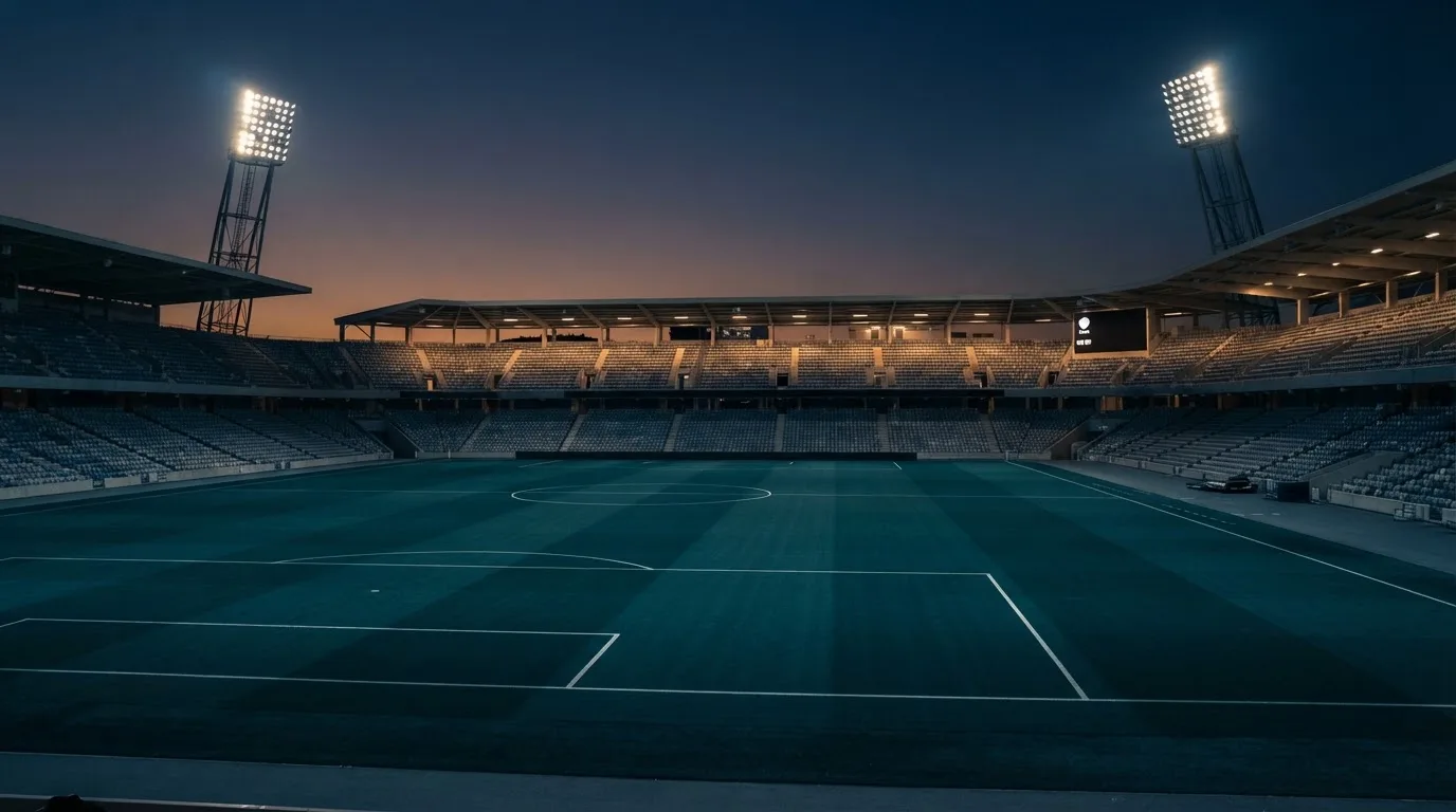 An empty football stadium with floodlight masts at dusk