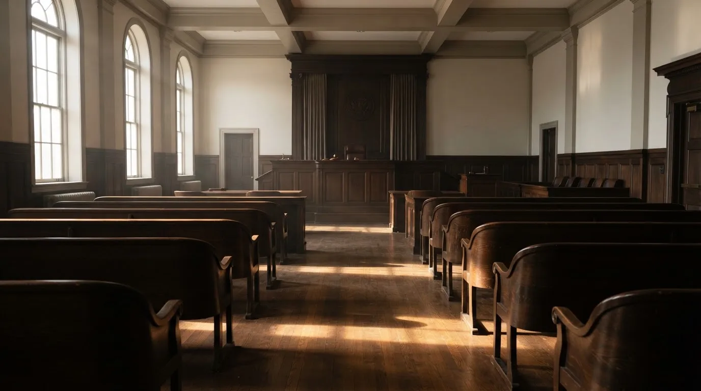 An empty courtroom with wooden benches in morning light