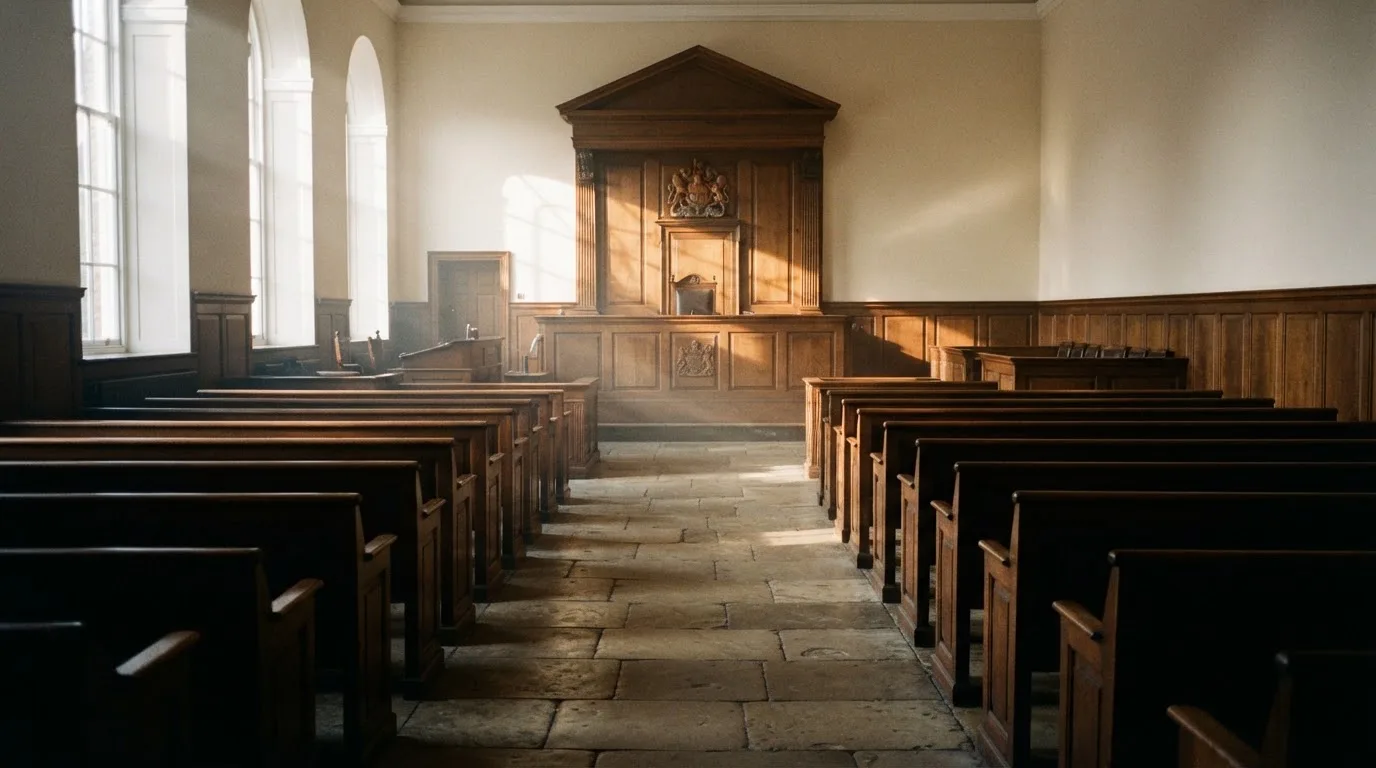 An empty courtroom with wooden benches in morning light