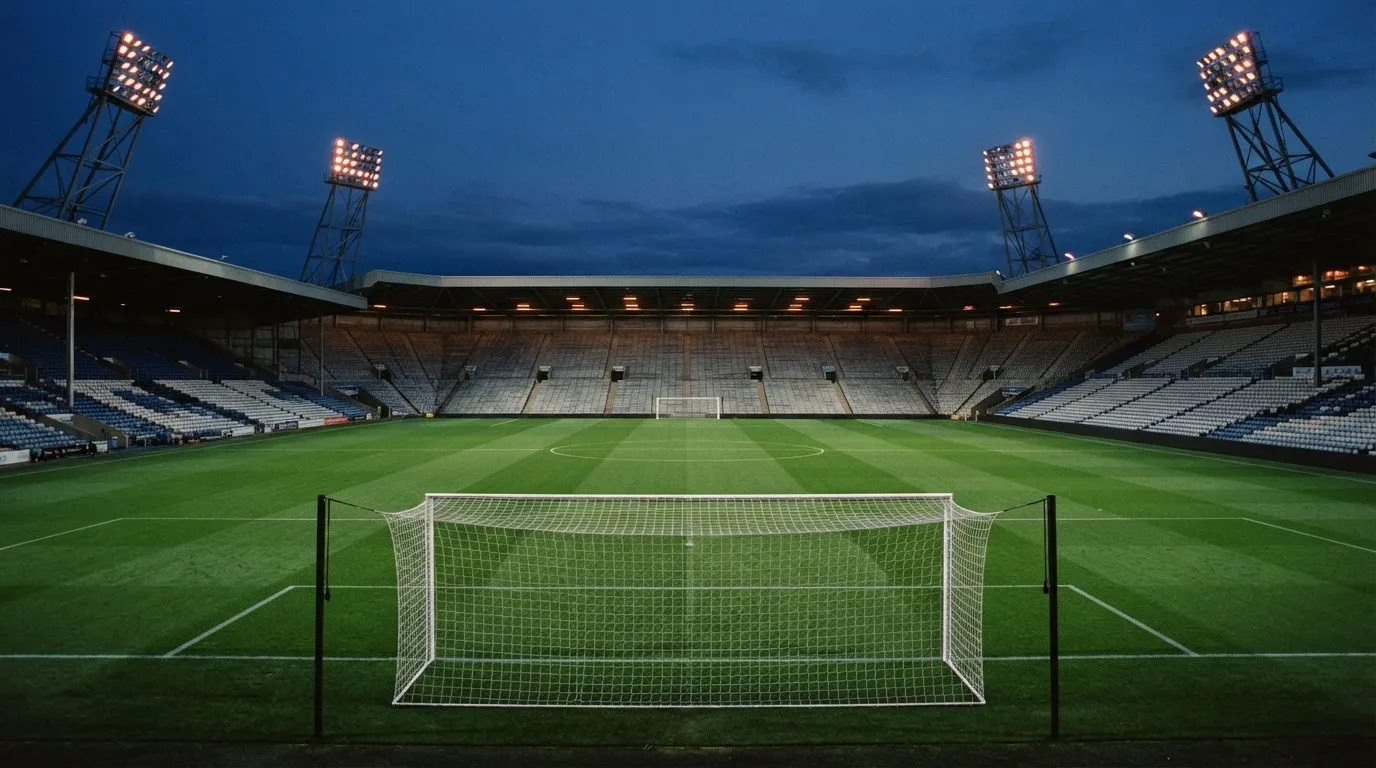An empty football stadium with floodlight masts at dusk