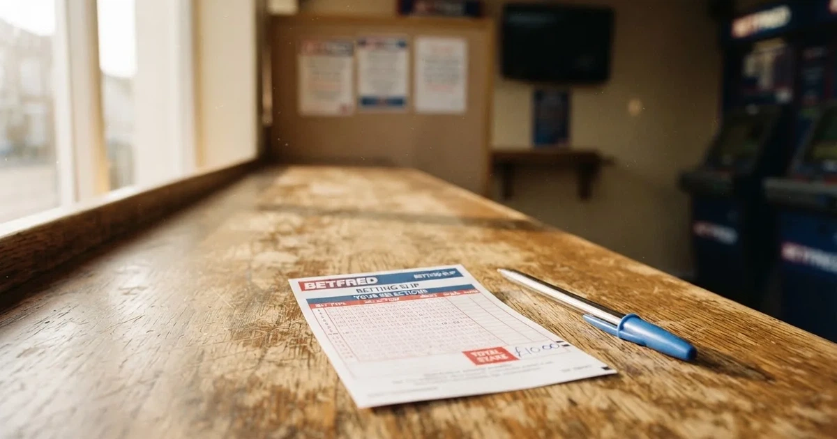 A blank paper betting slip beside a pen on a wooden counter