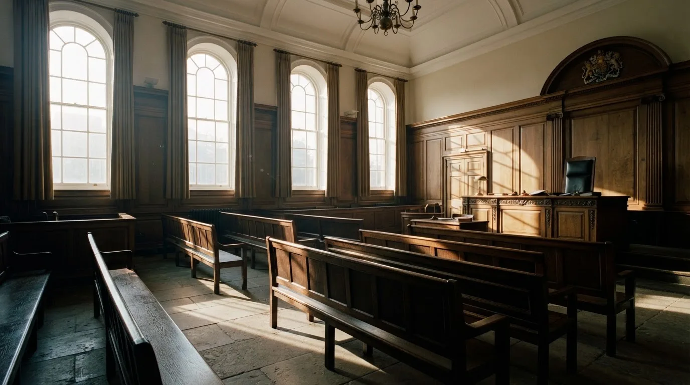 An empty courtroom with wooden benches in morning light