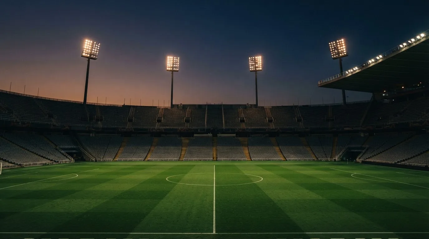 An empty football stadium with floodlight masts at dusk