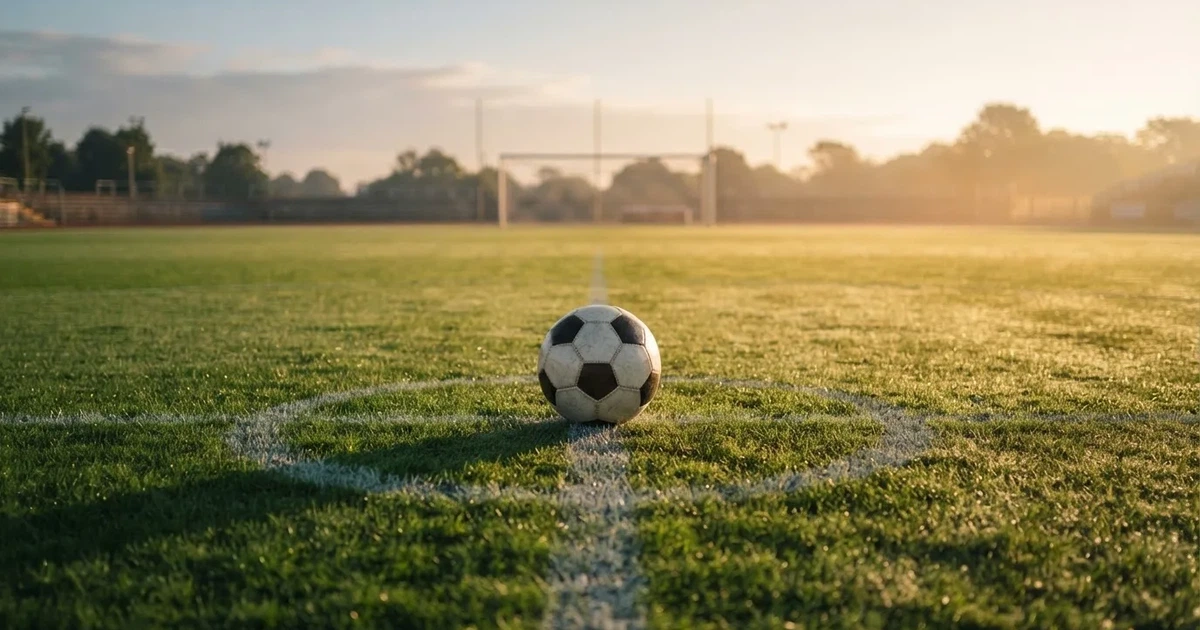 A ball on the centre spot of a grass pitch in morning light