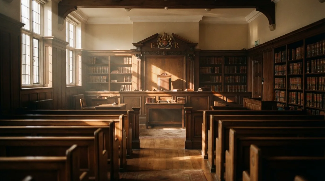An empty courtroom with wooden benches in morning light