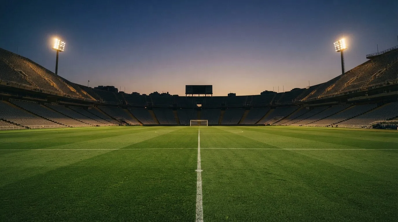 An empty football stadium with floodlight masts at dusk