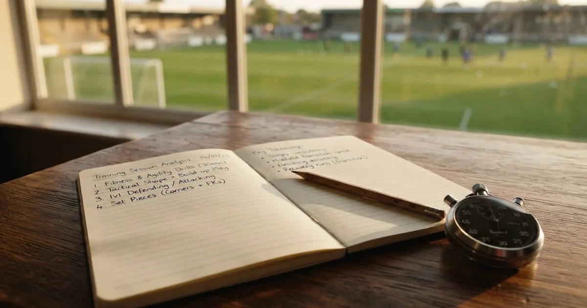 An open notebook with a pencil and a stopwatch on a wooden table
