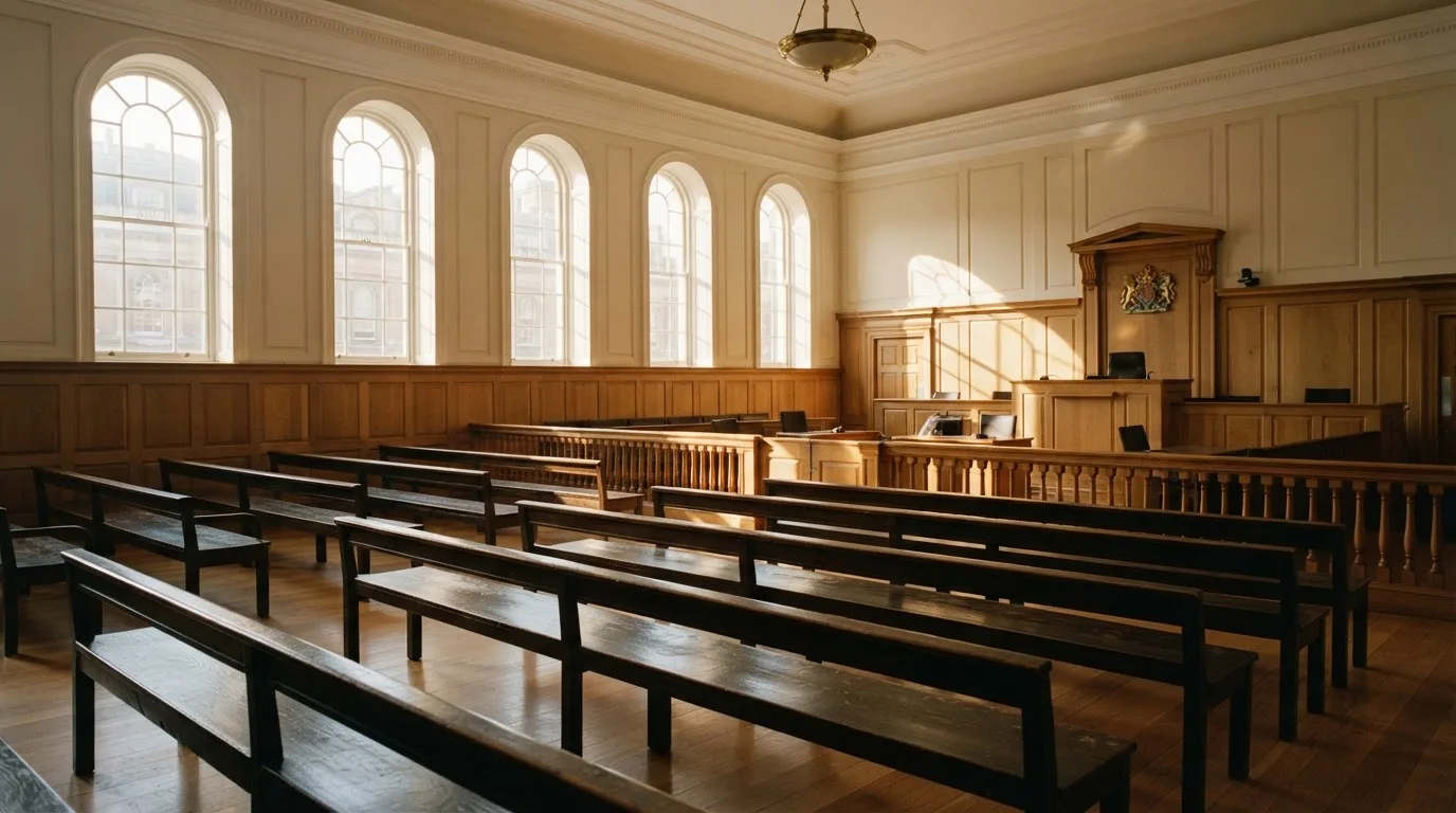 An empty courtroom with wooden benches in morning light