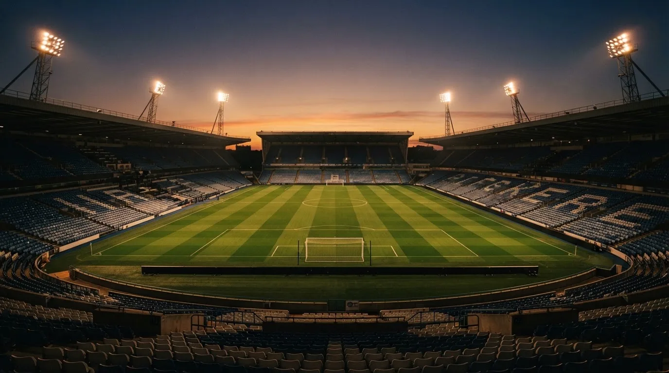 An empty football stadium with floodlight masts at dusk