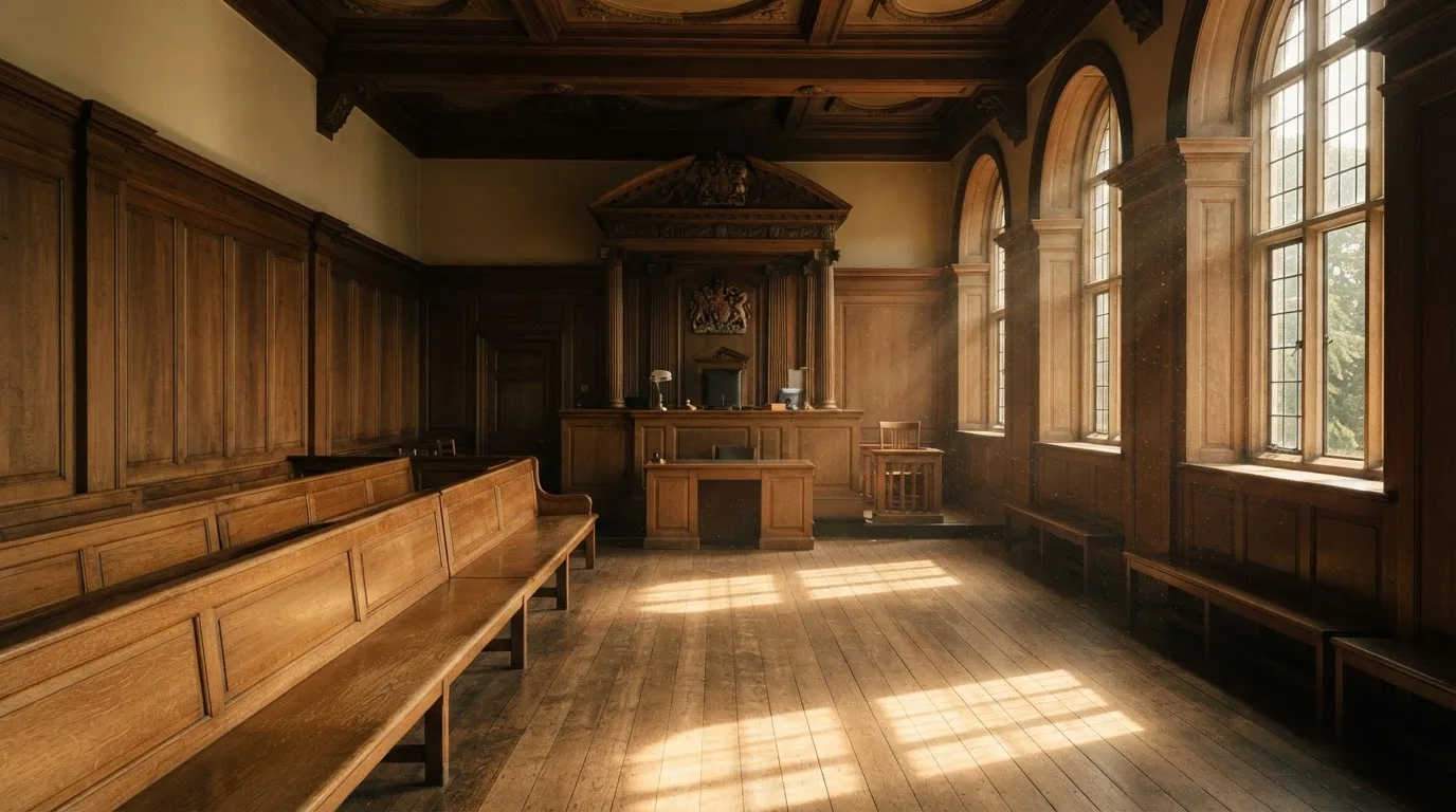 An empty courtroom with wooden benches in morning light