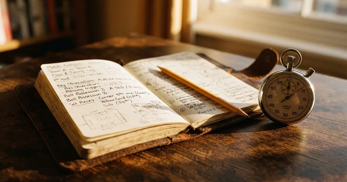 An open notebook with a pencil and a stopwatch on a wooden table