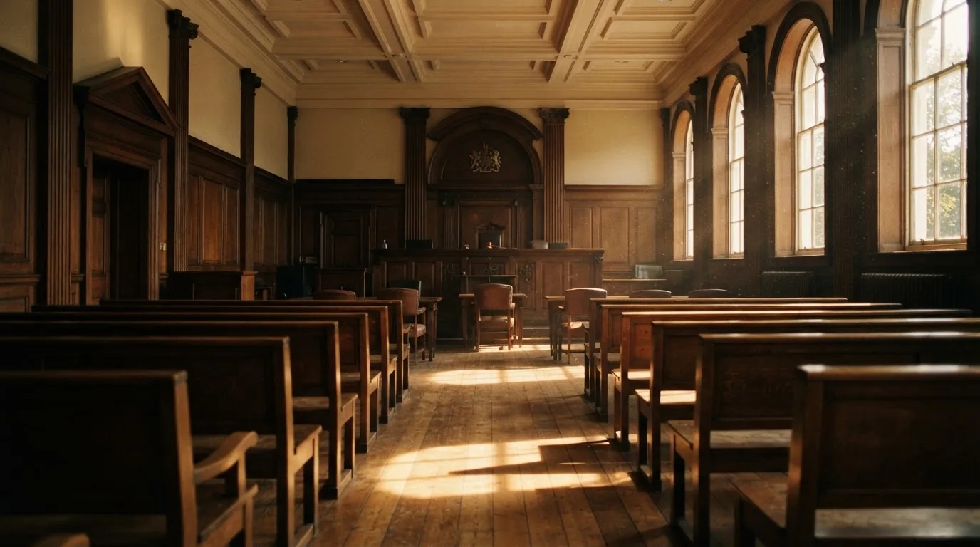 An empty courtroom with wooden benches in morning light