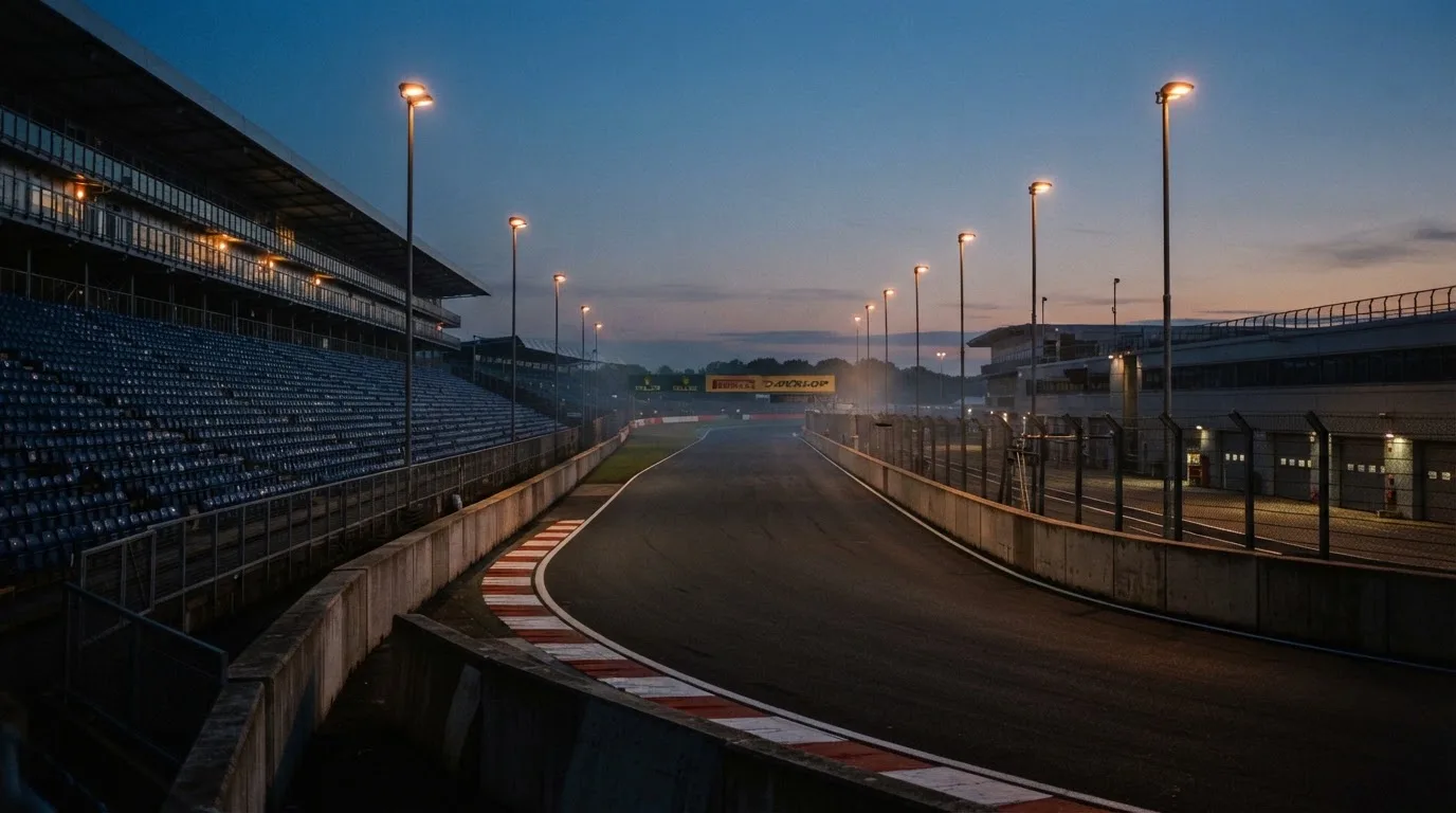 An empty football stadium with floodlight masts at dusk