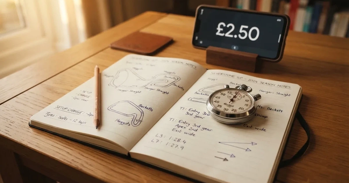 An open notebook with a pencil and a stopwatch on a wooden table