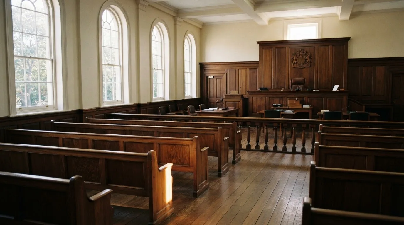 An empty courtroom with wooden benches in morning light