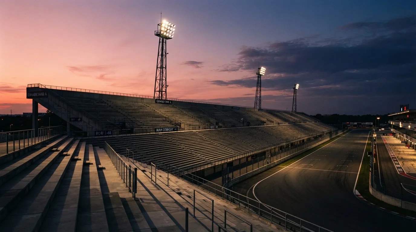 An empty football stadium with floodlight masts at dusk