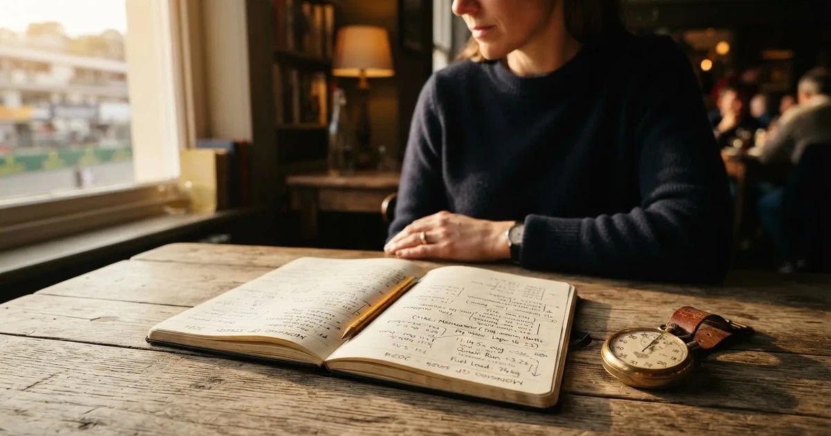 An open notebook with a pencil and a stopwatch on a wooden table