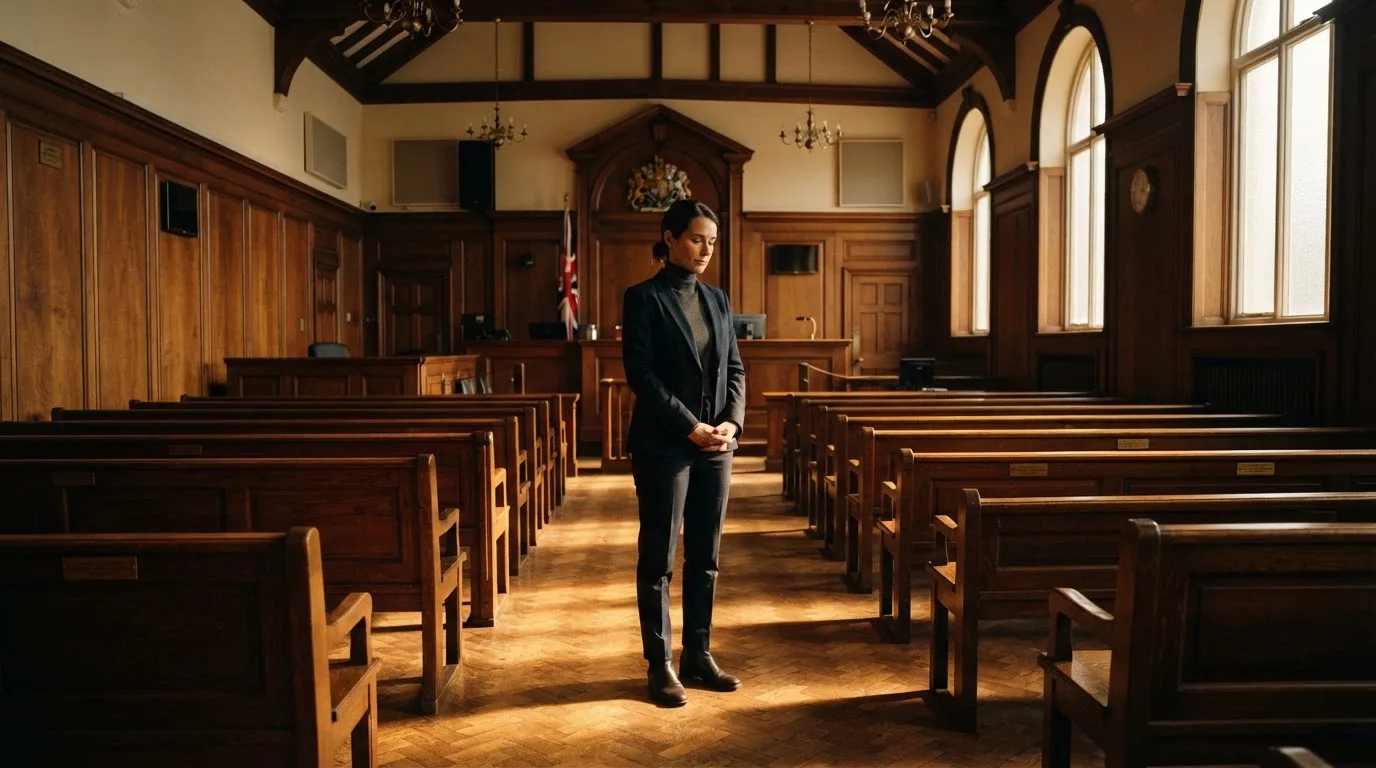 An empty courtroom with wooden benches in morning light